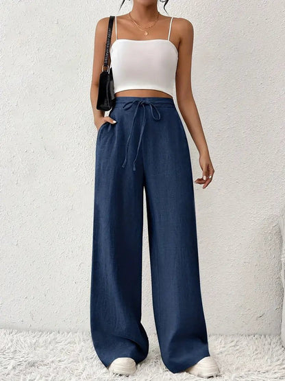 Charlie | Soft-Weave Linen Drawstring High Waist Wide Leg Pants